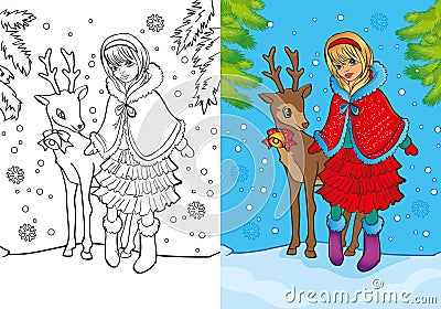 Coloring Book Of Santa Girl Stands With Deer Cartoon Illustration