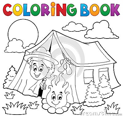 Coloring book scout camping in tent Vector Illustration