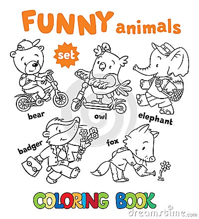 Coloring book set of funny baby animals Cartoon Illustration