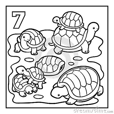 Coloring book, Seven tortoises Vector Illustration