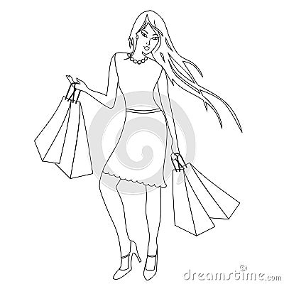 Coloring book with shopping girl, contour Vector Illustration