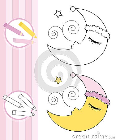 Coloring book sketch: sleeping moon Vector Illustration