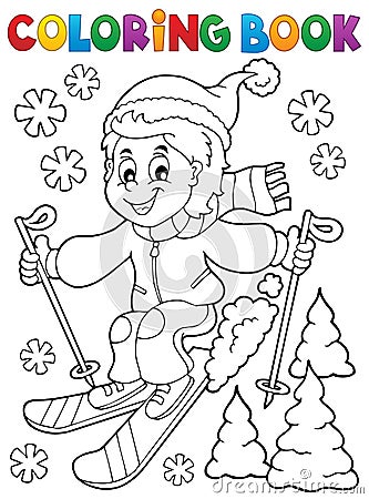 Coloring book skiing boy theme Vector Illustration