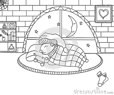 Coloring book sleeping mouse in a house for relaxation Stock Photo