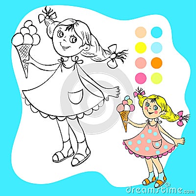 Coloring book - small pretty girl with ice cream Vector Illustration