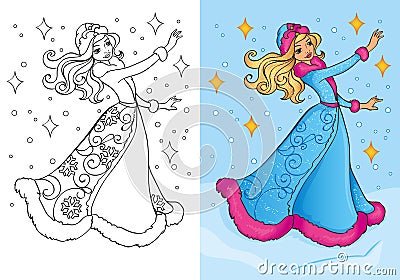 Coloring Book Of Snow Maiden In Traditional Costume Cartoon Illustration