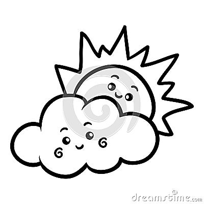 Coloring book, Sun and cloud with a cute face Vector Illustration