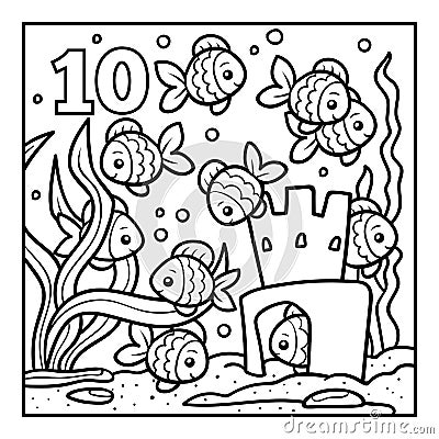 Coloring book, Ten fish Vector Illustration