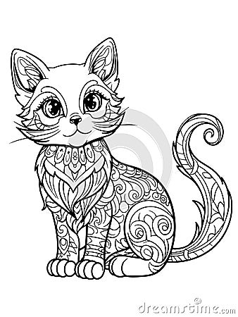 Coloring book on the theme animal pet, kitty full length. Raster generative ai, black lines, white Stock Photo