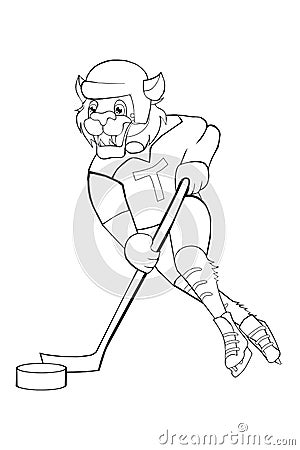 Coloring book Tiger plays hockey. Vector Illustration