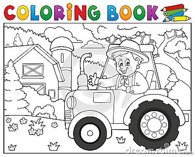 Coloring book tractor near farm theme 1 Vector Illustration