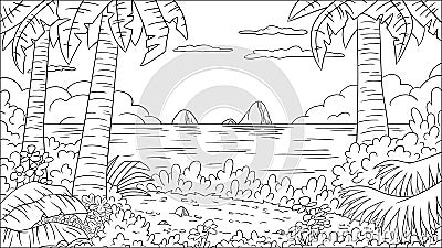 Coloring Book Tropical Landscape Vector Illustration