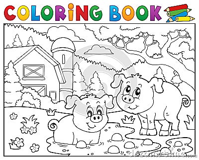 Coloring book two pigs near farm Vector Illustration