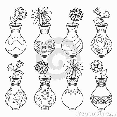 Coloring book (vases with flowers), vector colorless set Vector Illustration