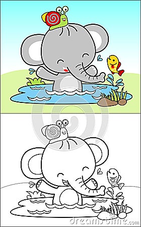 Coloring book vector of cute elephant with snail and fish in swamp Vector Illustration