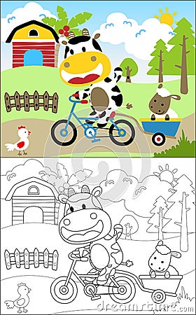 Coloring book vector of funny cow riding bicycle pulling sheep on wheelbarrow. Farmyard animals on farm field background Vector Illustration