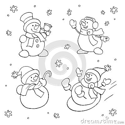 Coloring book. Vector set with fanny snowman. Vector Illustration