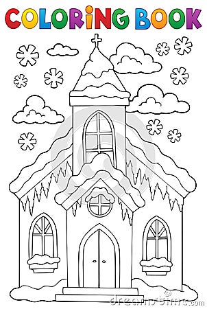 Coloring book winter church building 1 Vector Illustration