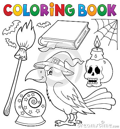 Coloring book witch crow theme Vector Illustration