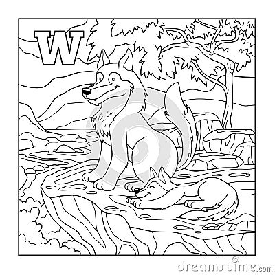 Coloring book (wolf), colorless illustration (letter W) Vector Illustration