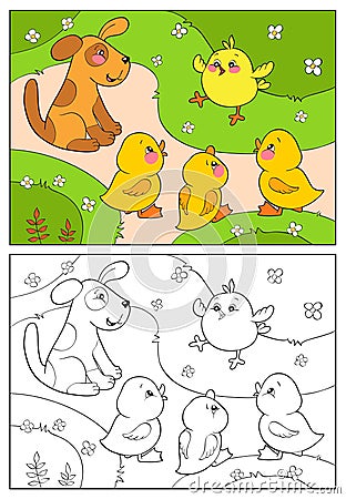 Coloring book. A yellow chicken cheers ducks and puppy. Vector Illustration