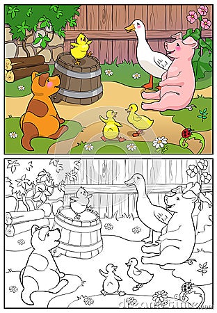 Coloring book. A yellow chicken cheers ducks and puppy. Vector Illustration