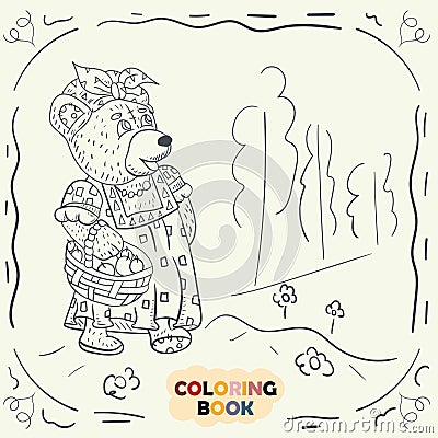 Coloring book for young children contour illustration in the style of doodle Teddy bear girl in the national Russian costume Vector Illustration