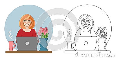 coloring book young woman working on a laptop Vector Illustration