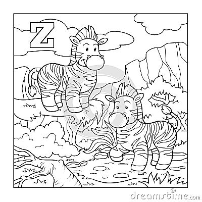 Coloring book (zebra), colorless alphabet for children: letter Z Vector Illustration