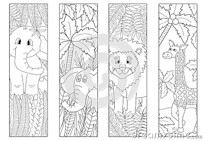 Coloring bookmarks for kids with jungle animals. Cute lion, funny elephants, and giraffe Vector Illustration
