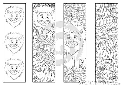 Coloring bookmarks for kids with the lion. Cute animal and jungle Cartoon Illustration