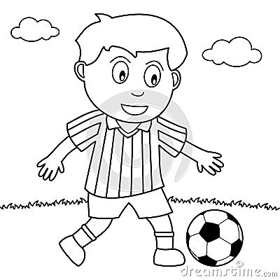 Coloring Boy Playing Soccer in the Park Vector Illustration