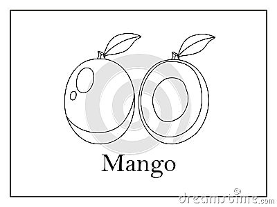 Coloring card with signed whole mango and mango cut in half on white background in thin frame Vector Illustration