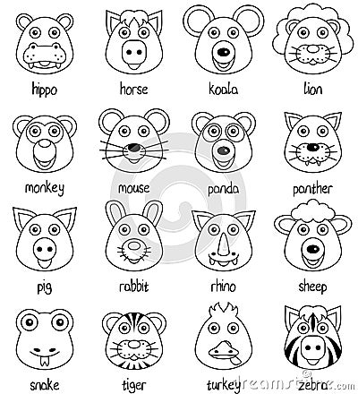 Coloring Cartoon Animal Faces Set [2] Vector Illustration