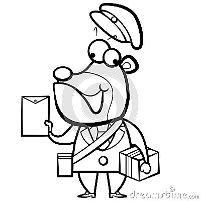 coloring cartoon bear postman with letter and pack Vector Illustration