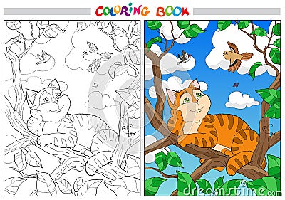 Coloring cartoon cat on a branch and Birds in the sky. Vector Illustration