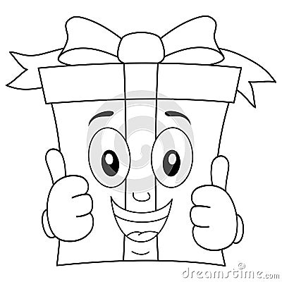 Coloring Cartoon Gift with Thumbs Up Vector Illustration