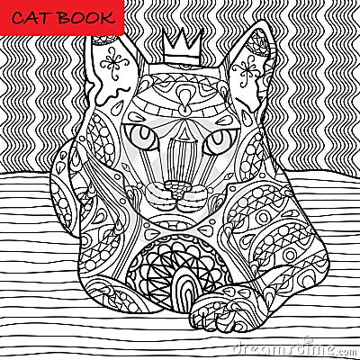 Coloring cat page for adults. Majestic cat with the crown looks pensive. Hand drawn illustration with patterns. Vector Illustration