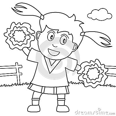 Coloring Cheerleader Girl in the Park Vector Illustration