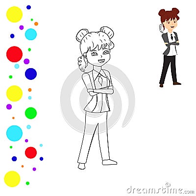 Coloring and colored image of a female bodyguard. Vector Illustration