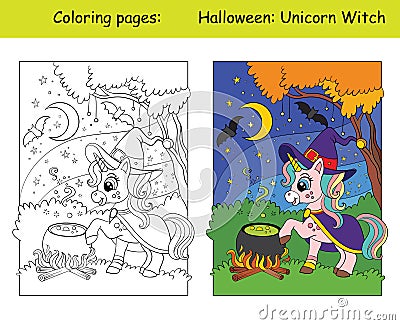 Coloring and colorful cute unicorn witch Halloween Vector Illustration