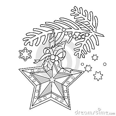 Coloring Coloring Page Outline Of Christmas decoration. Star. Christmas tree branch. New year Vector Illustration