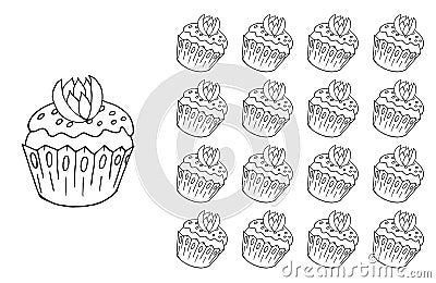 Coloring Cupcake. Set of element and seamless pattern Vector Illustration