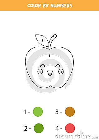 Coloring cute kawaii apple by numbers. Game for kids. Vector Illustration