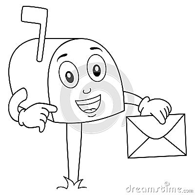 Coloring Cute Mailbox Character with Letter Vector Illustration