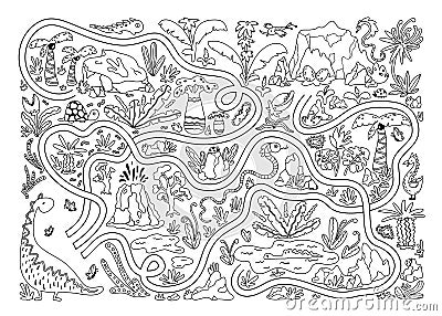 Coloring Dino Maze. Cool kids mini game for development. Black white illustration in a simple cartoon style. Help mom dinosaur Cartoon Illustration