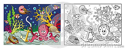 Coloring the drawing with octopus on the bottom Stock Photo