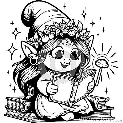 Coloring enchantress girl, gnome reading a book in pajamas. Printable black and white. Generative ai. Vector Illustration