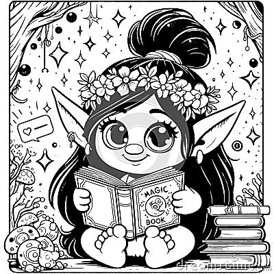 Coloring enchantress girl, gnome reading a book in pajamas. Printable black and white. Generative ai. Vector Illustration