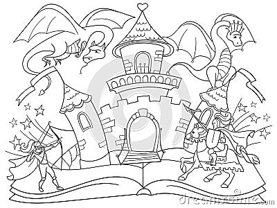 Coloring fairy open book tale concept kids illustration with evil dragon, brave warrior and magic castle. Vector Illustration